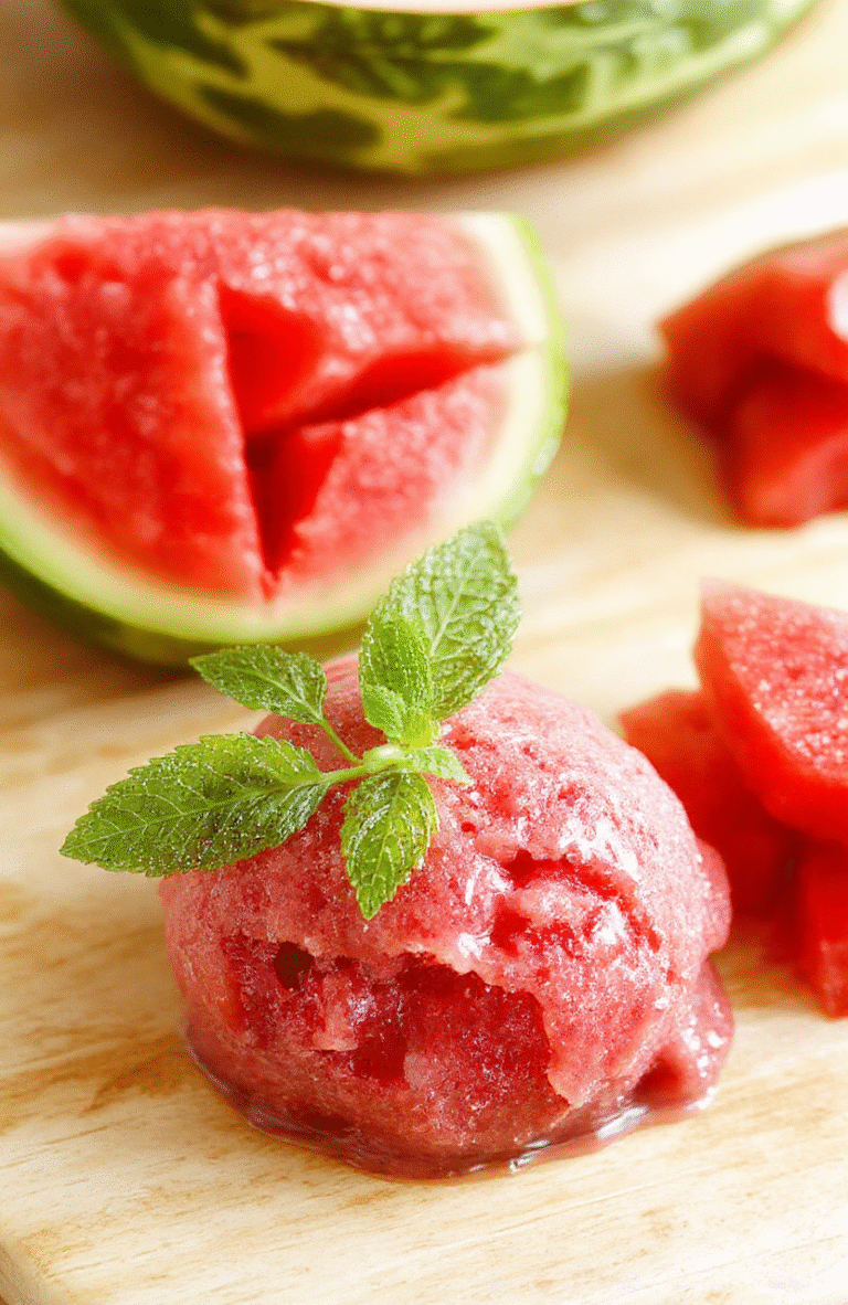 A vibrant pink watermelon sorbet scooped into a white bowl on a light wooden surface, garnished with fresh mint leaves and a lime wedge, with a few watermelon cubes and a gleaming spoon for a playful, summery look.