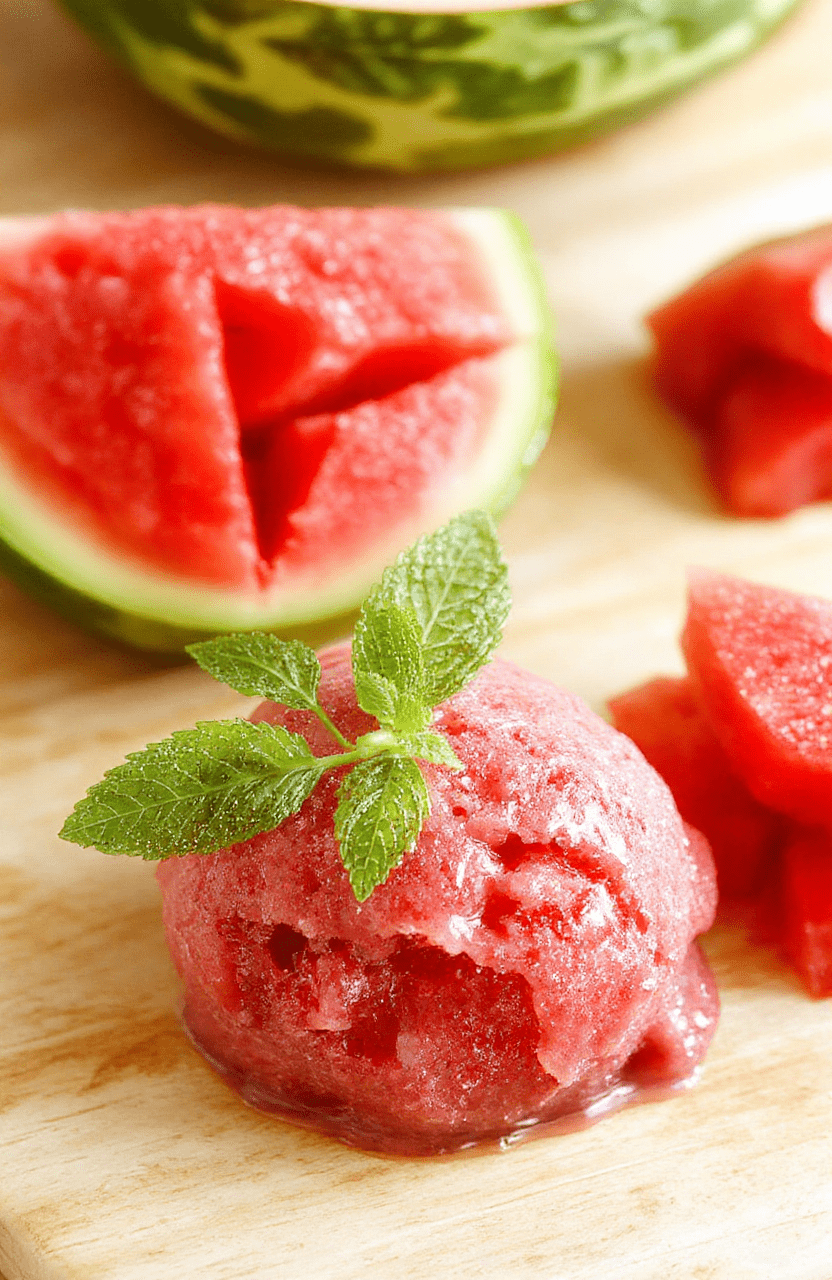 A vibrant pink watermelon sorbet scooped into a white bowl on a light wooden surface, garnished with fresh mint leaves and a lime wedge, with a few watermelon cubes and a gleaming spoon for a playful, summery look.