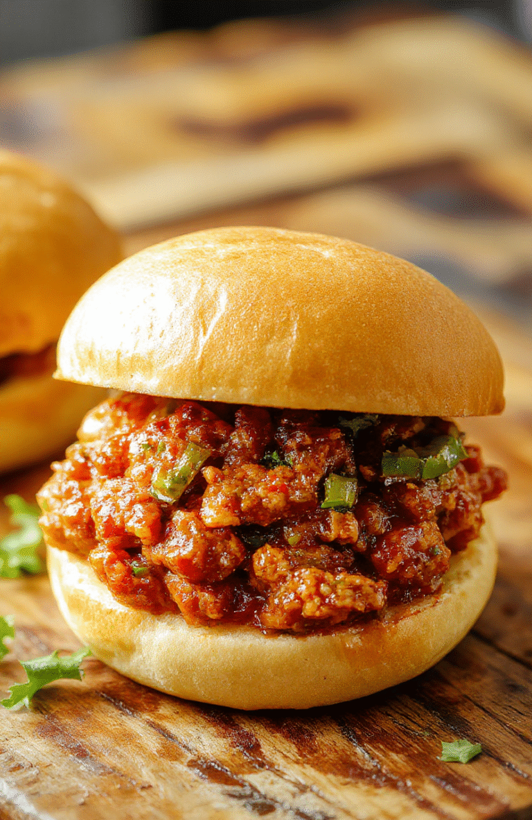 Golden brown toasted buns cradle a hearty Cajun chicken filling in a glossy red sauce, with diced peppers and crisp lettuce on a rustic wood board