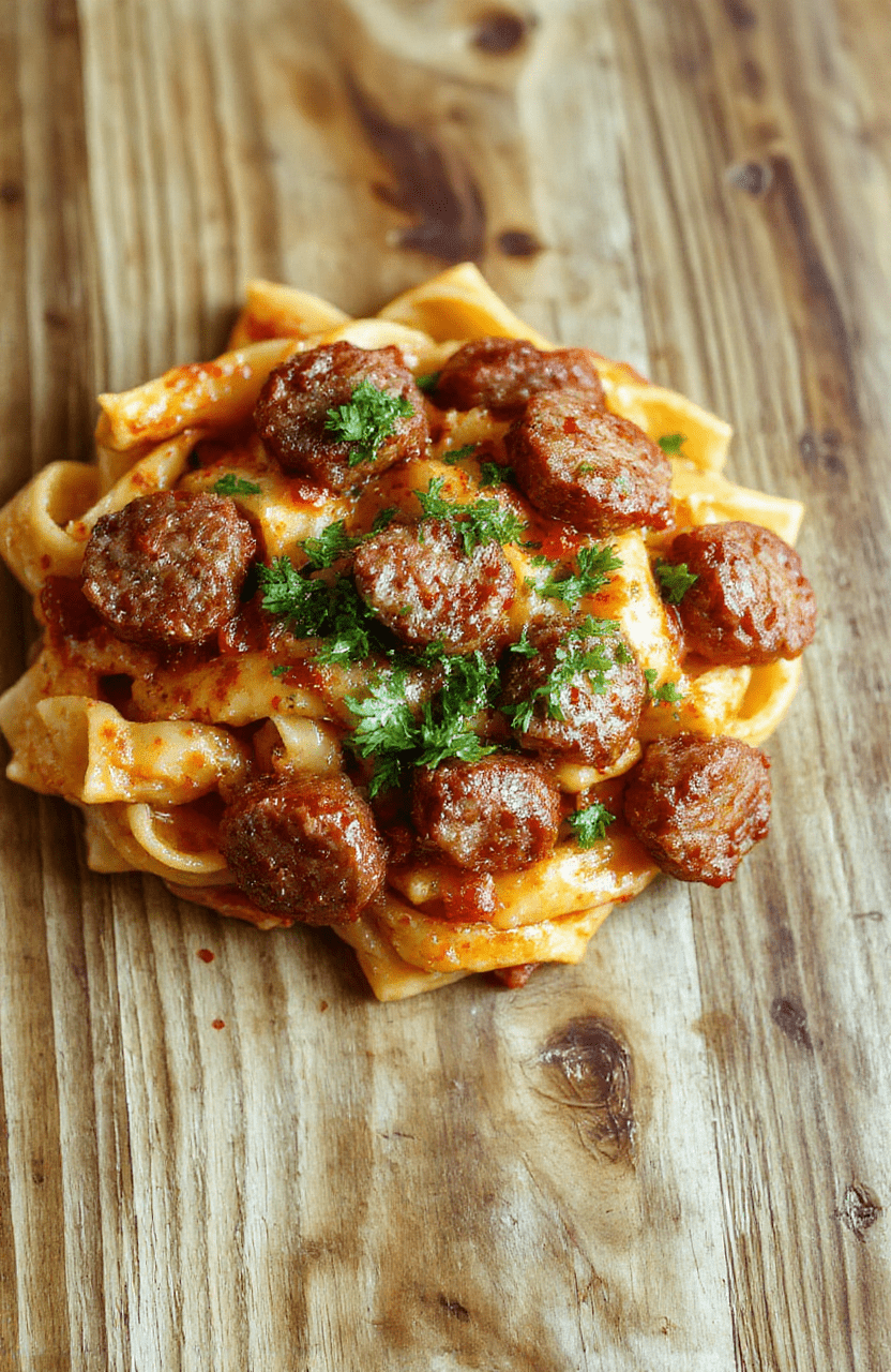 A vibrant bowl of zesty Cajun sausage pasta on a rustic wooden table, featuring al dente pasta coated in a creamy tomato sauce, slices of smoky sausage, sautéed peppers, and a sprinkle of chopped parsley.