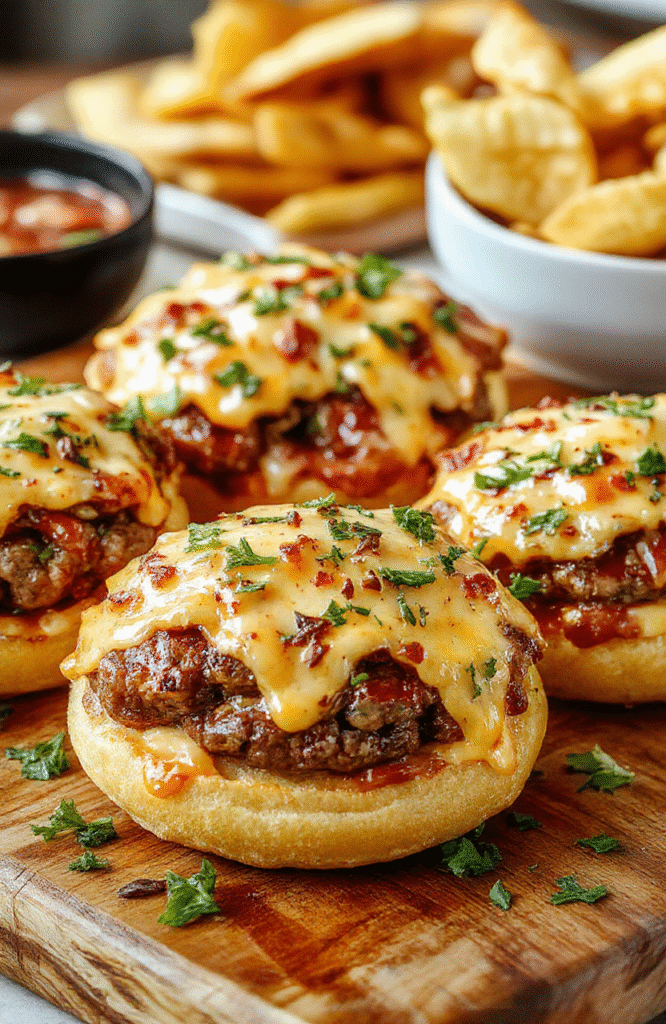 Golden-brown zesty cheeseburger bombs with molten cheddar centers on a white plate, accompanied by toasted slider buns, pickle slices, and a light scatter of parsley. Crisp outer crust, juicy interior, and a glossy glaze create an inviting, family-friendly look for a fast weeknight dinner.