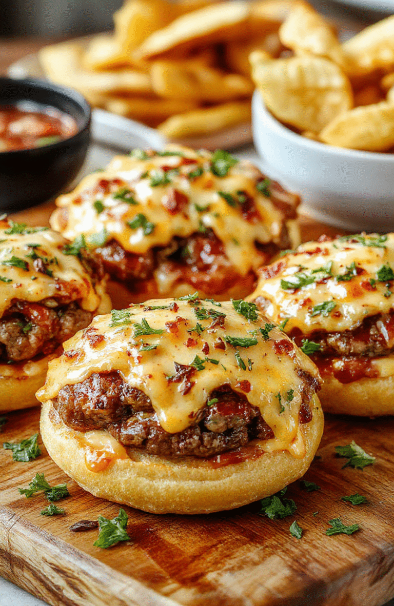 Golden-brown zesty cheeseburger bombs with molten cheddar centers on a white plate, accompanied by toasted slider buns, pickle slices, and a light scatter of parsley. Crisp outer crust, juicy interior, and a glossy glaze create an inviting, family-friendly look for a fast weeknight dinner.