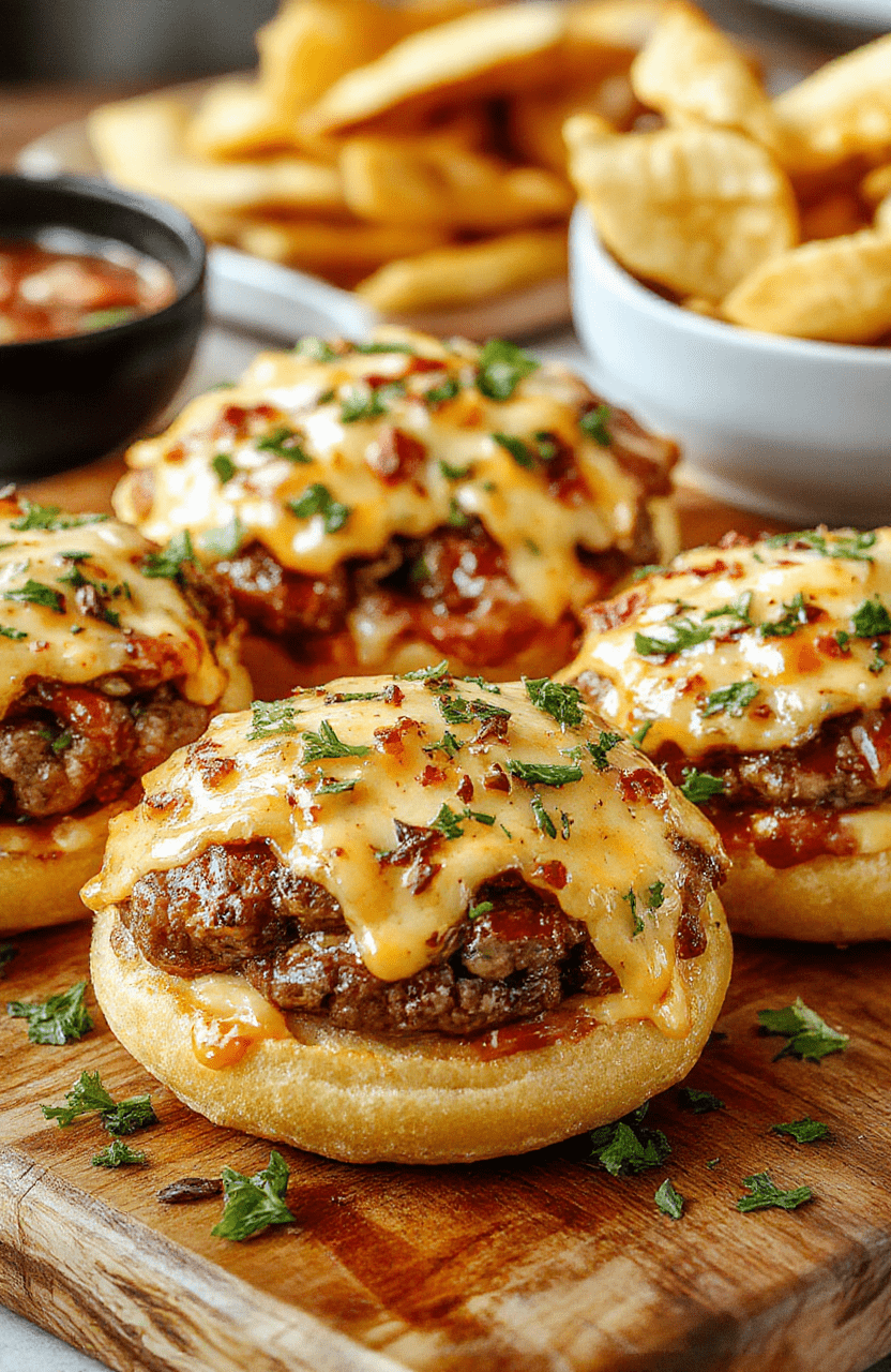 Golden-brown zesty cheeseburger bombs with molten cheddar centers on a white plate, accompanied by toasted slider buns, pickle slices, and a light scatter of parsley. Crisp outer crust, juicy interior, and a glossy glaze create an inviting, family-friendly look for a fast weeknight dinner.