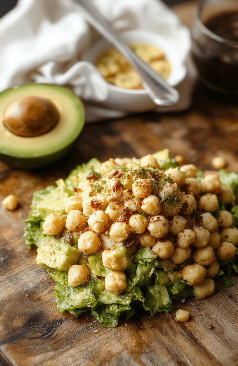 Vibrant bowl of Zesty Chickpea Avocado Salad featuring creamy avocado, plump chickpeas, cherry tomatoes, cucumber, red onion, and chopped herbs, drizzled with olive oil and lemon, plated on a white plate with a light sprinkle of paprika on a rustic wooden table.