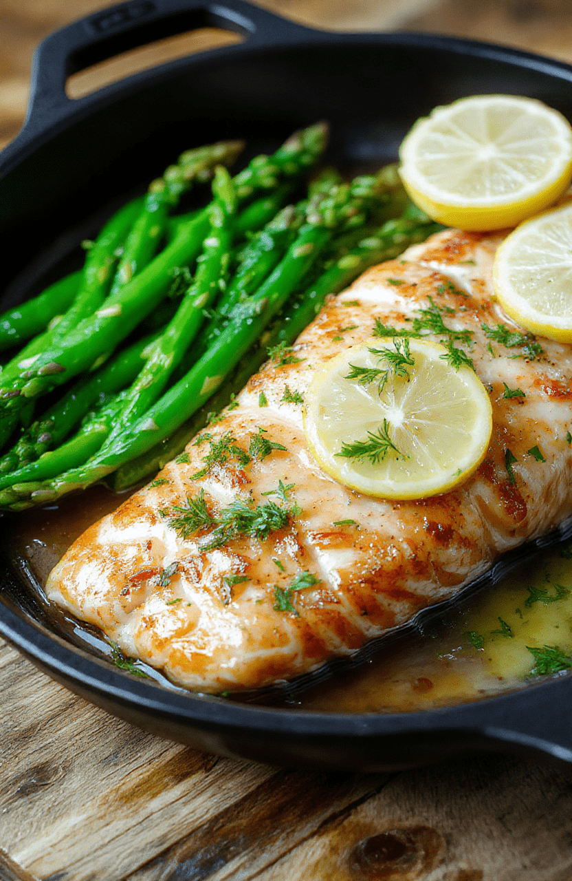 Golden, crispy-skinned salmon fillets bask in a glossy lemon-butter glaze in a warm skillet. Bright lemon zest and garlic flecks shimmer in the sauce, with a sprinkle of chopped parsley on top. A lemon wedge and fresh asparagus provide color and balance against a rustic wooden table backdrop.