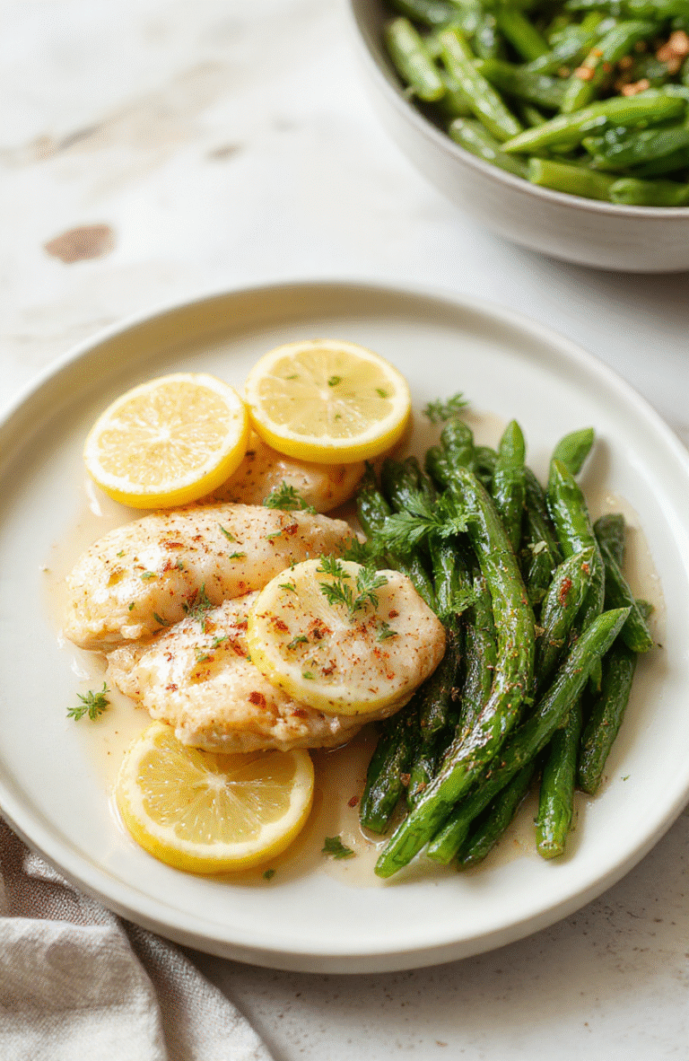 A close-up of golden-brown lemon garlic chicken on a white plate, glossy lemon pan sauce, lemon slices, and chopped parsley, with green beans and roasted carrots on a light wood surface.