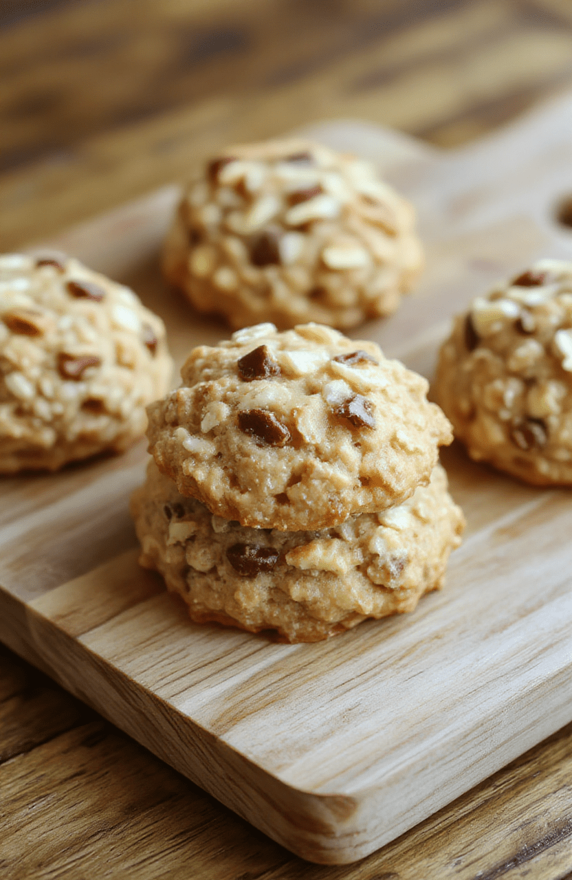 A close-up shot of lemony no-bake cookies on a light wooden board, speckled with lemon zest and oats, a drizzle of honey, and a sprinkle of shredded coconut. The cookies are round, chewy, and slightly glossy, with a bright yellow lemon zest accent and a clean, minimalist setting that highlights texture and color.