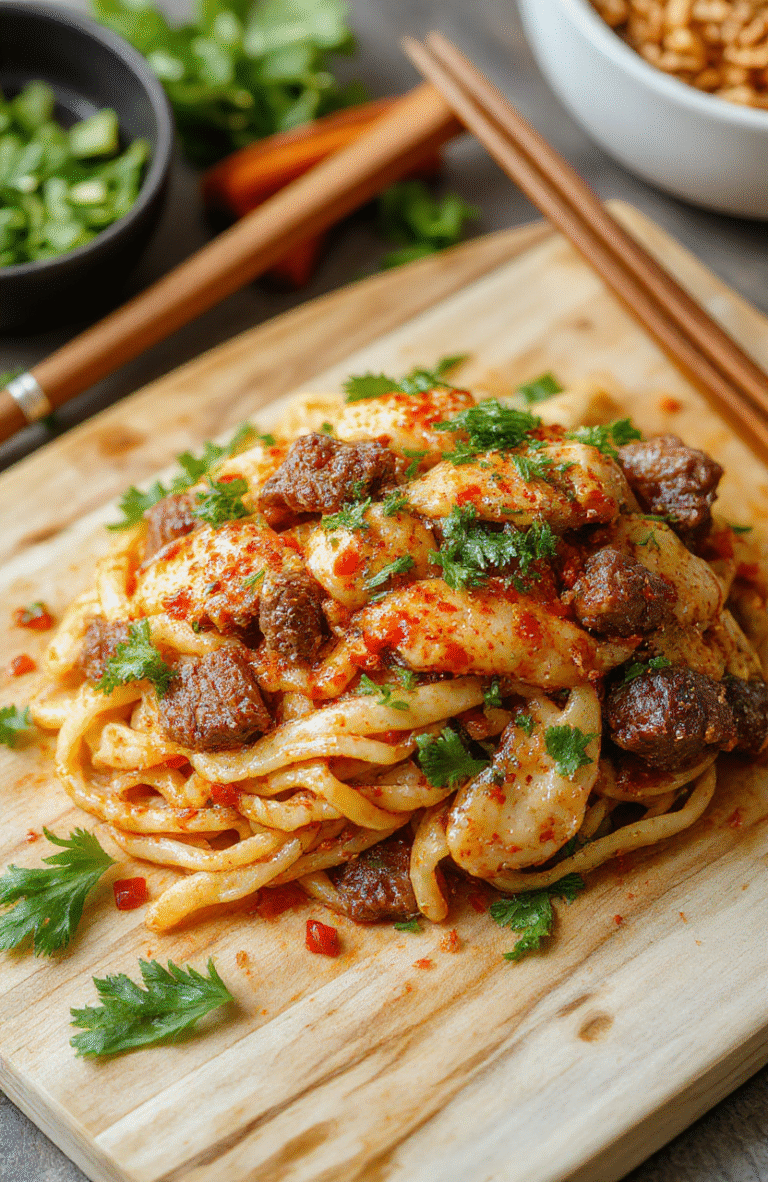 A glossy bowl of Zesty Spicy Beef Noodles features tender beef slices, al dente noodles, and a bright chili-soy glaze. The plate is garnished with sliced scallions, sesame seeds, and a drizzle of oil on a warm, neutral table setting with golden lighting.