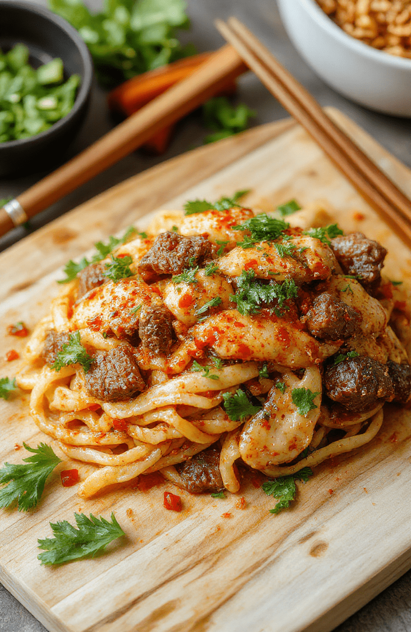 A glossy bowl of Zesty Spicy Beef Noodles features tender beef slices, al dente noodles, and a bright chili-soy glaze. The plate is garnished with sliced scallions, sesame seeds, and a drizzle of oil on a warm, neutral table setting with golden lighting.
