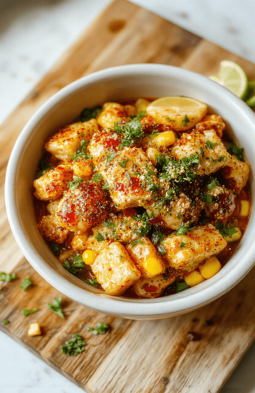 Colorful plated Zesty Street Corn Chicken Bowl with juicy grilled chicken, charred street corn, avocado slices, red cherry tomatoes, and fresh cilantro on a bed of fluffy quinoa, finished with lime wedges.