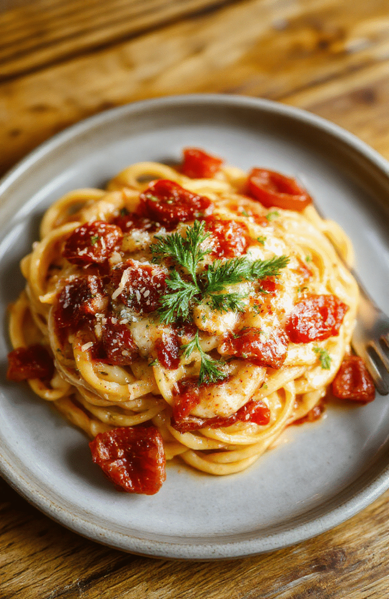 A glossy plate of zesty sundried tomato pasta sits on a light wooden table, ribbons of al dente pasta coated in olive oil and tomato sauce, chopped sun-dried tomatoes, parmesan shavings, and fresh basil, with a drizzle of olive oil and a peppery finish.